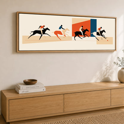 Retro Polo Pursuit Polo Horse panoramic canvas wall art displayed above a sideboard