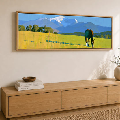 High Country Summer Horse Landscape panoramic canvas wall art displayed above a sideboard