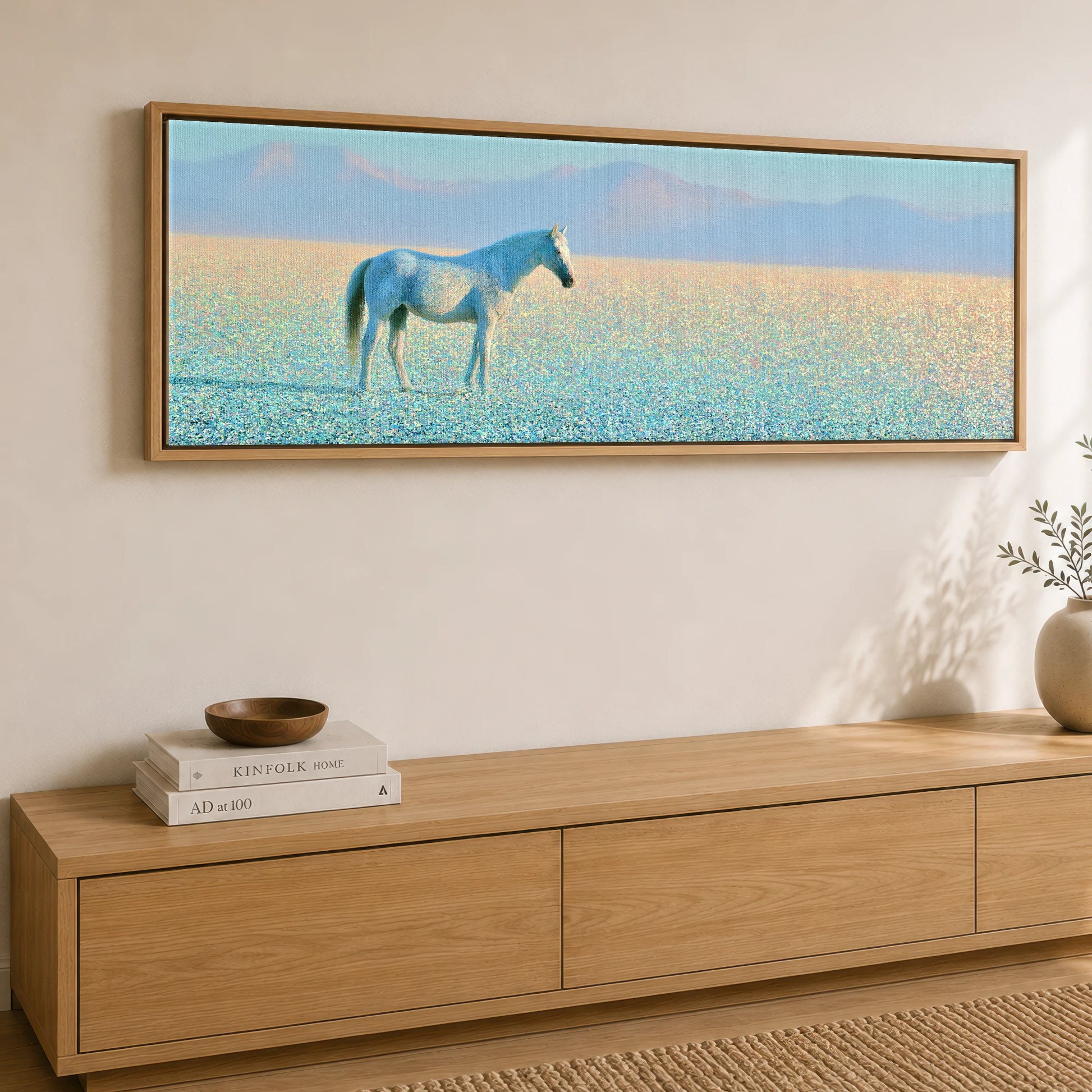 Shimmering Solitude Horse Landscape panoramic canvas wall art displayed above a sideboard