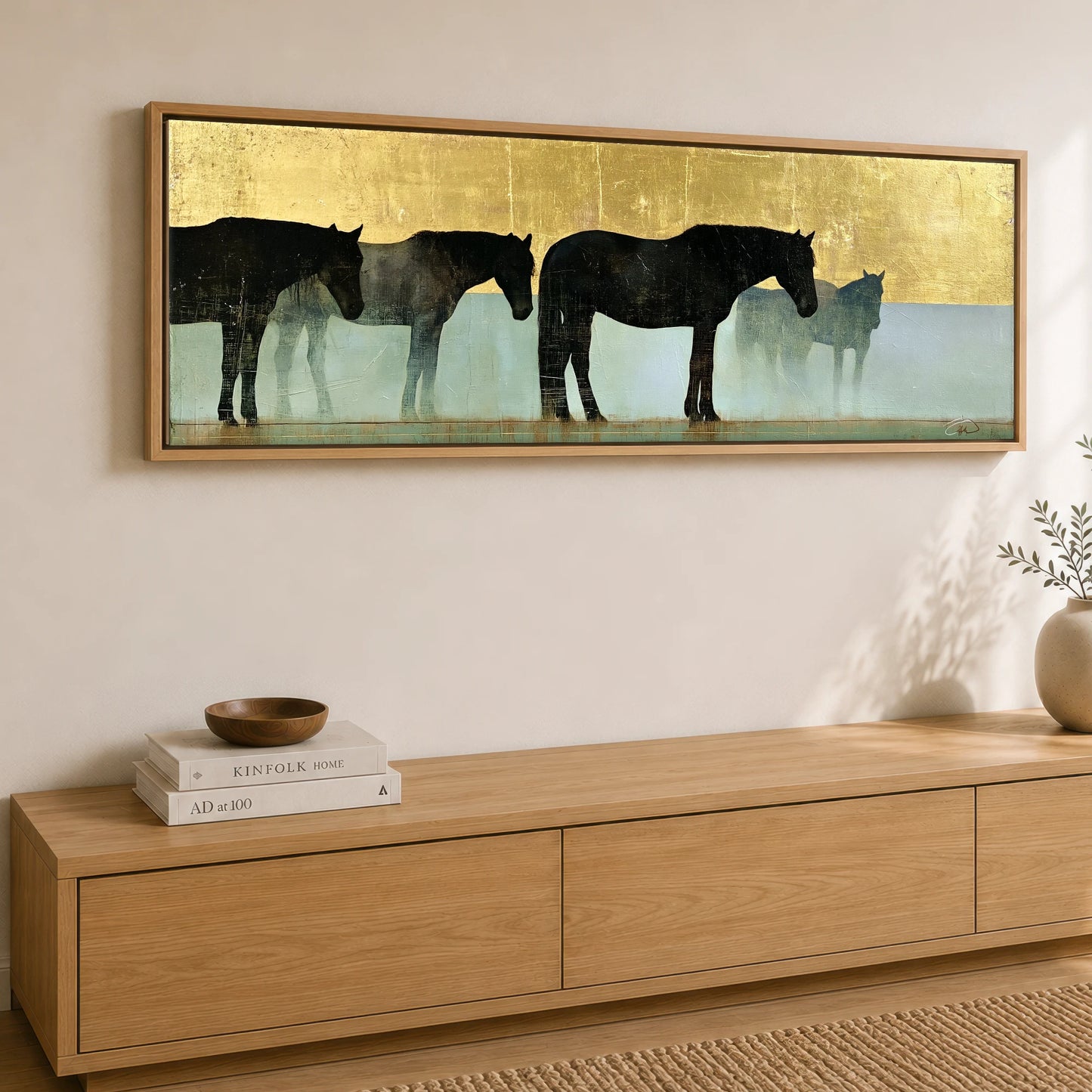 Gilded Equine Shadows Horse Landscape panoramic canvas wall art displayed above a sideboard