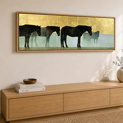Gilded Equine Shadows Horse Landscape panoramic canvas wall art displayed above a sideboard