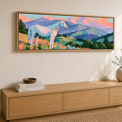 Vibrant Alpine Dawn Horse Landscape panoramic canvas wall art displayed above a sideboard