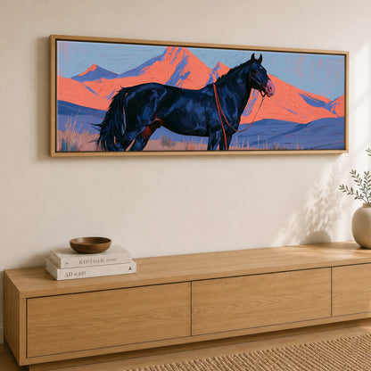 Coral Peaks and Indigo Horse Landscape panoramic canvas wall art displayed above a sideboard