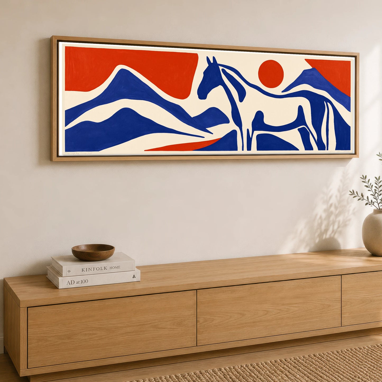Cobalt Peaks Equine Horse Landscape panoramic canvas wall art displayed above a sideboard