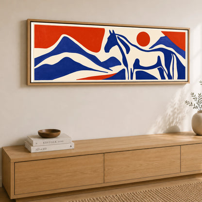 Cobalt Peaks Equine Horse Landscape panoramic canvas wall art displayed above a sideboard