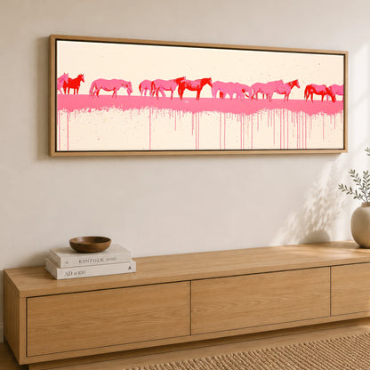 Vibrant Equine Wash Wild Horses panoramic canvas wall art displayed above a sideboard