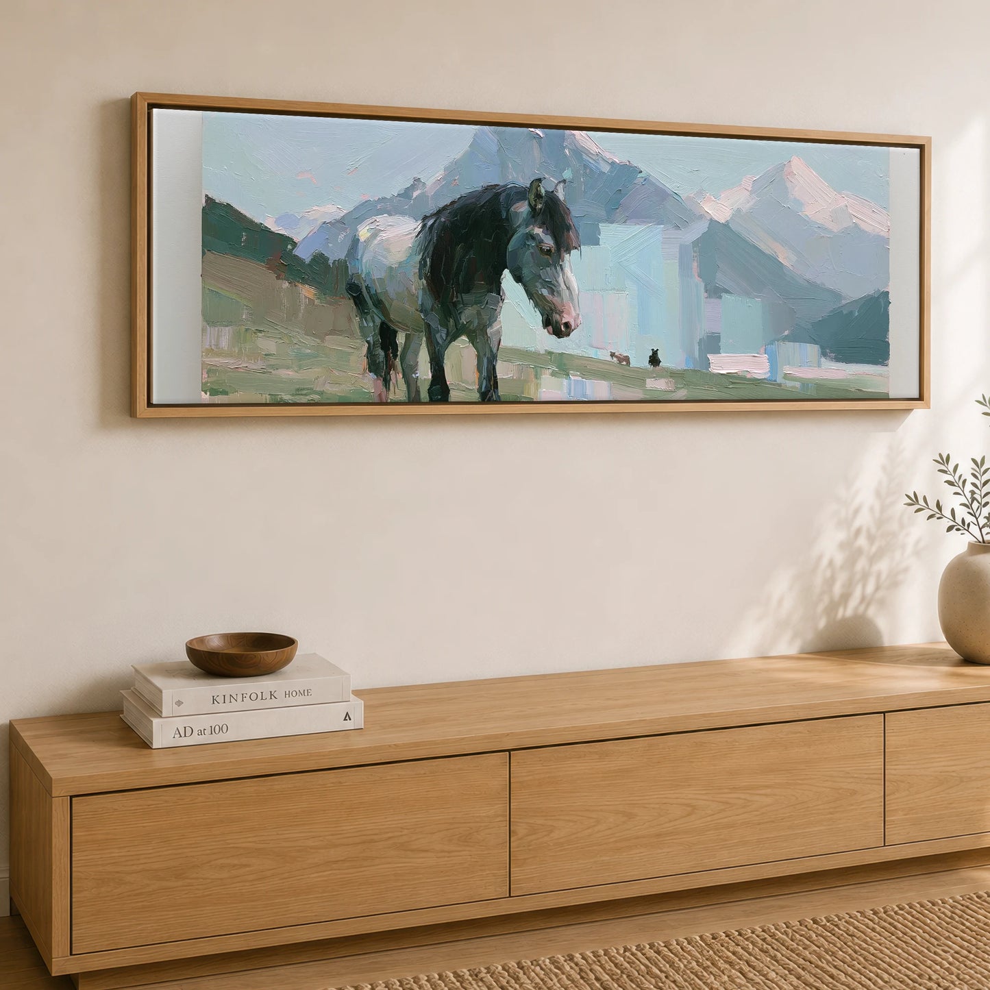 Pastures Beneath the Peaks Horse Landscape panoramic canvas wall art displayed above a sideboard