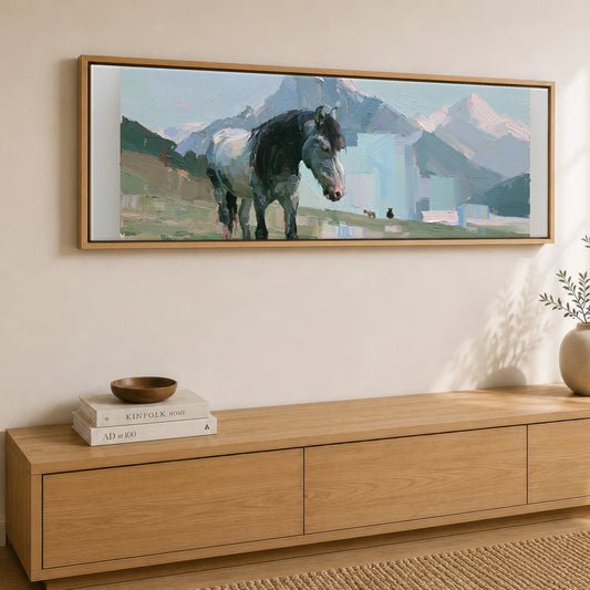 Pastures Beneath the Peaks Horse Landscape panoramic canvas wall art displayed above a sideboard