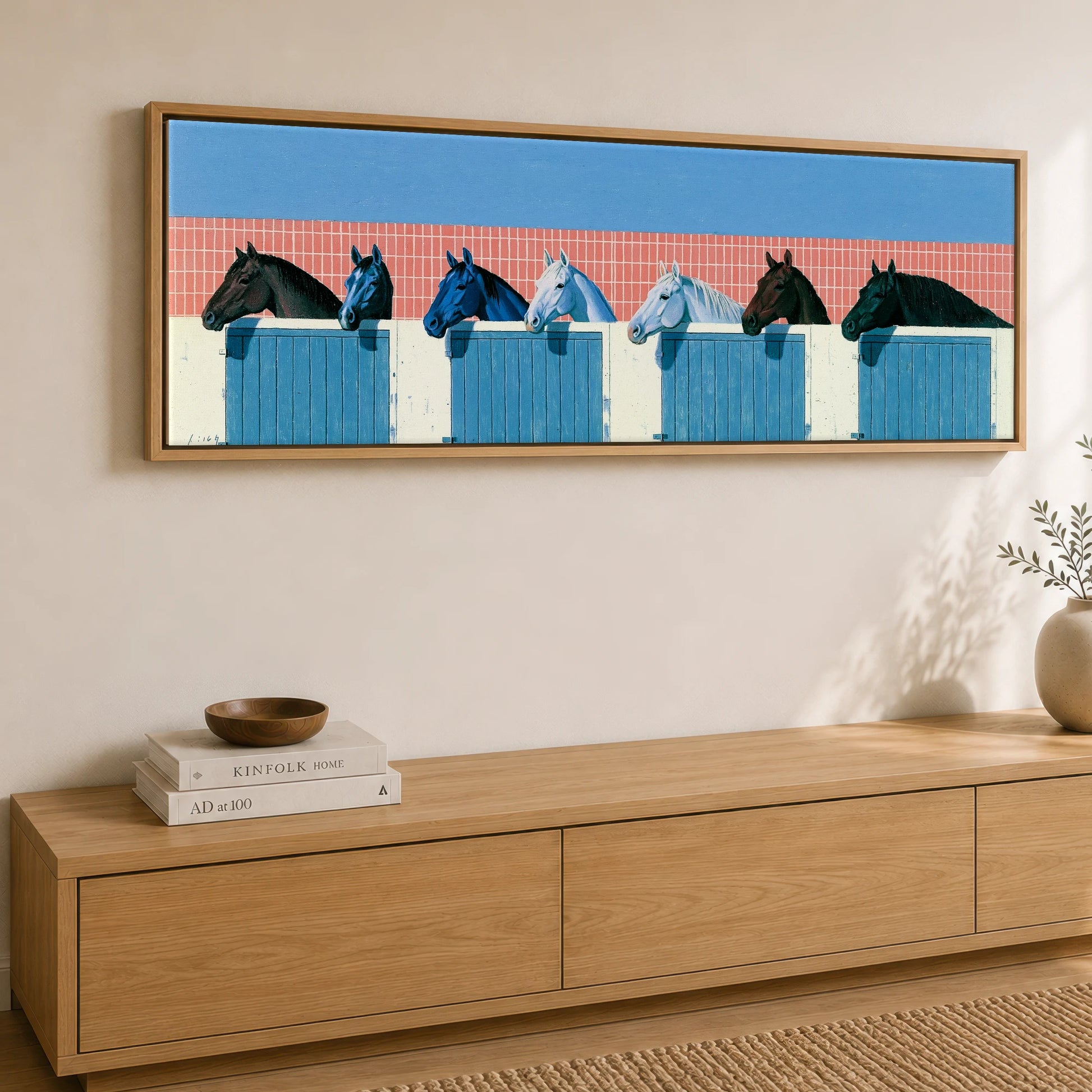 Yard Watch Horse Stable panoramic canvas wall art displayed above a sideboard