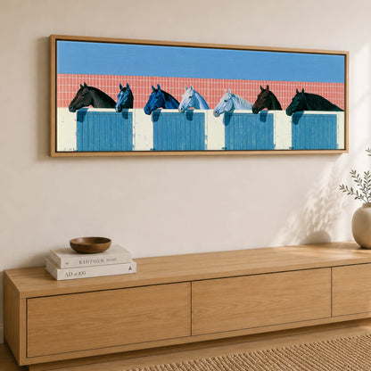 Yard Watch Horse Stable panoramic canvas wall art displayed above a sideboard