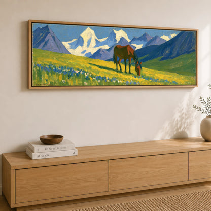 Vibrant Mountain Pasture Horse Landscape panoramic canvas wall art displayed above a sideboard