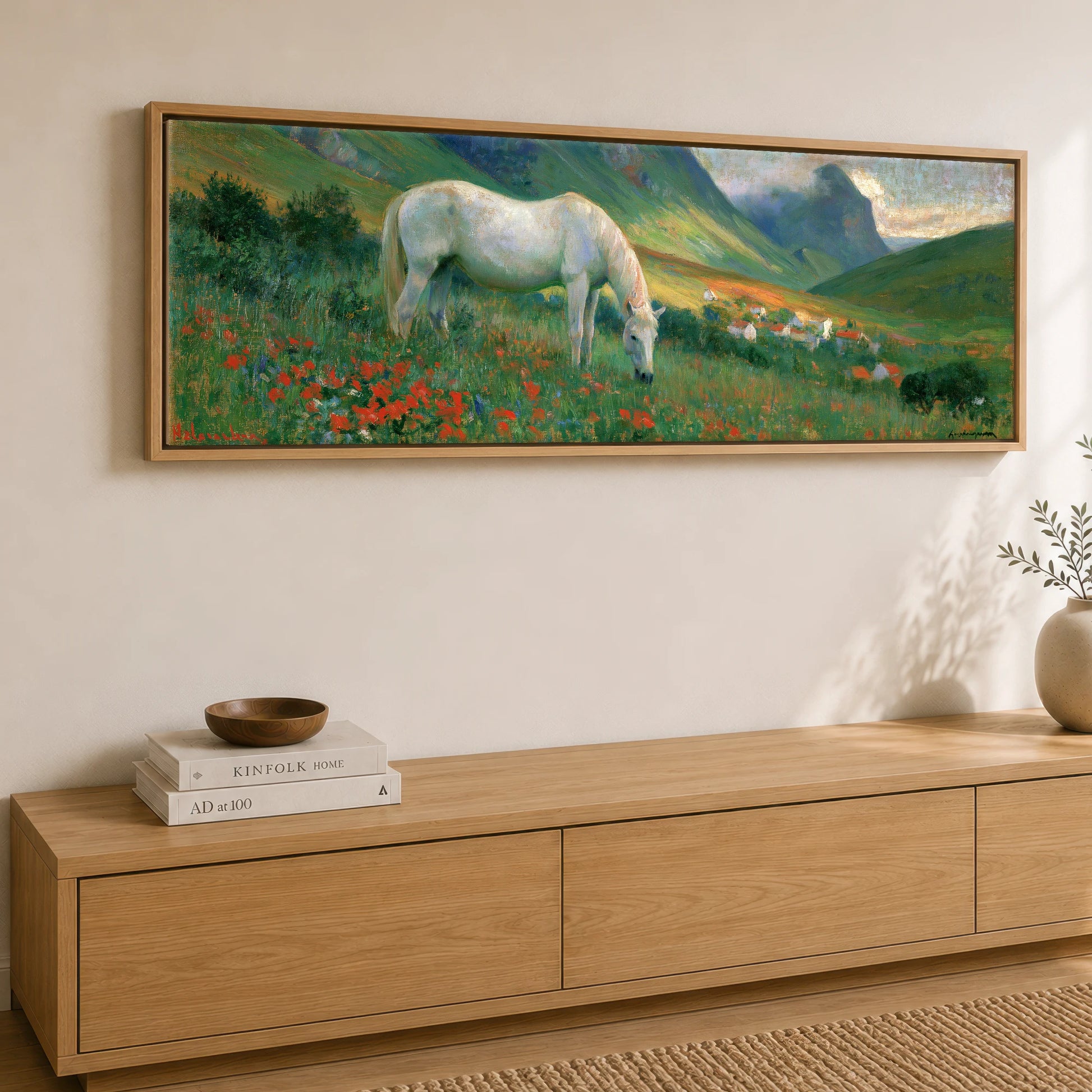 Summer Valley Grazing Horse Landscape panoramic canvas wall art displayed above a sideboard