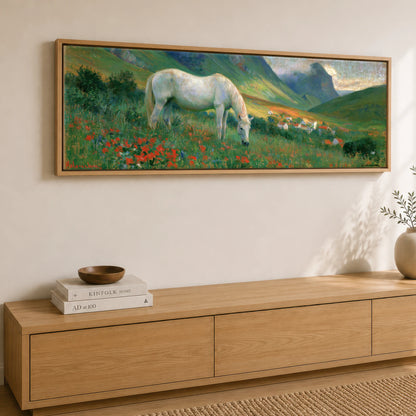 Summer Valley Grazing Horse Landscape panoramic canvas wall art displayed above a sideboard