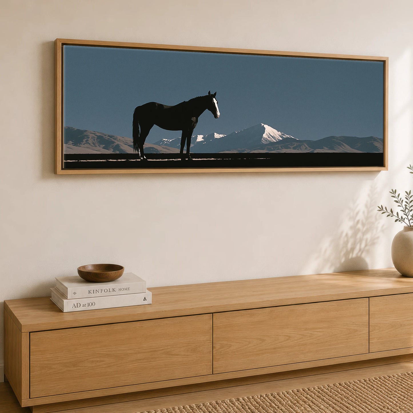 Summit Silhouette Horse Landscape panoramic canvas wall art displayed above a sideboard