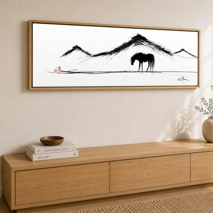 Silent Peaks Grazing Horse Landscape panoramic canvas wall art displayed above a sideboard