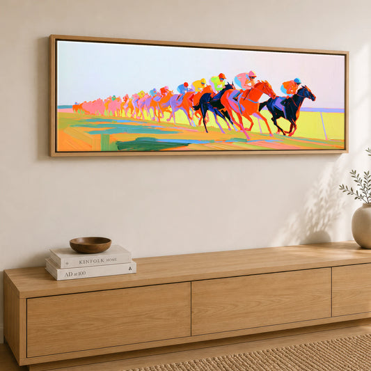 The Electric Sprint Racing Horse panoramic canvas wall art displayed above a sideboard