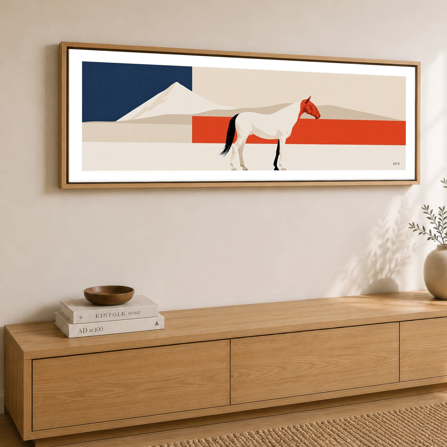 Bold Equine Horizon Horse Landscape panoramic canvas wall art displayed above a sideboard