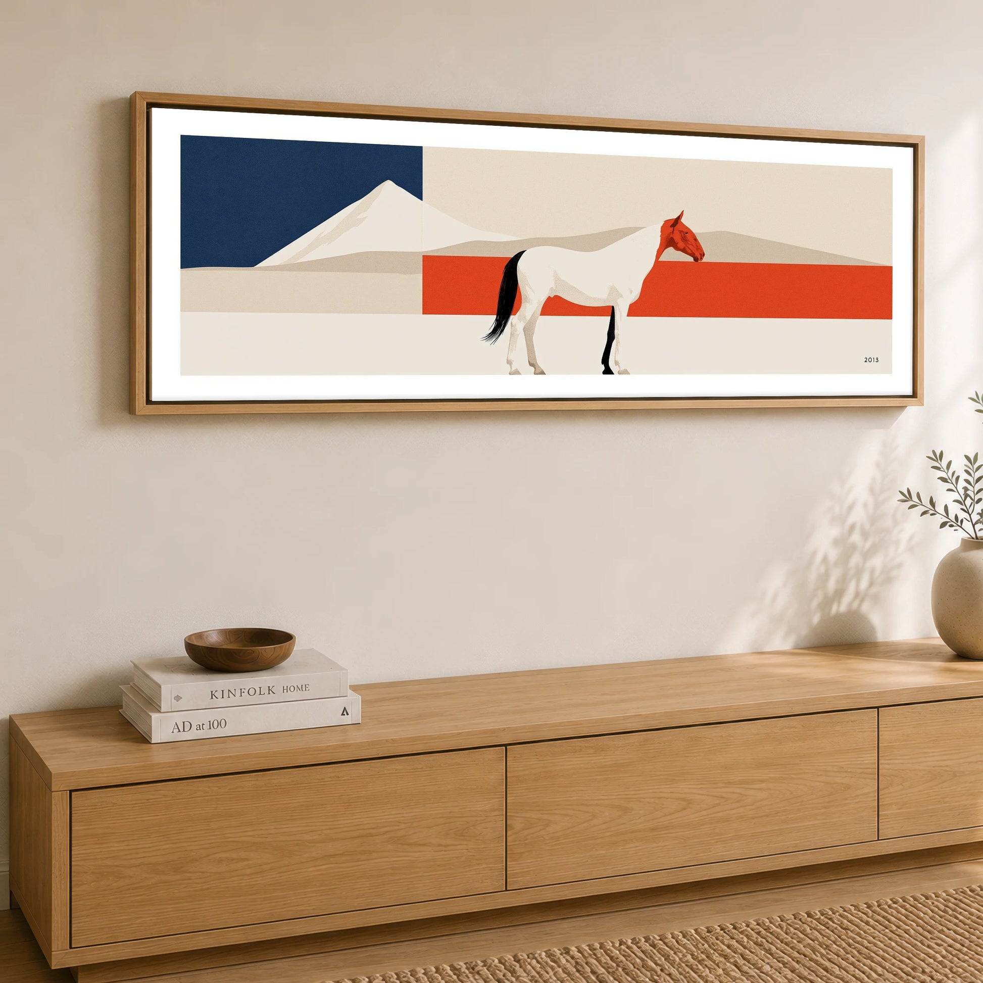 Bold Equine Horizon Horse Landscape panoramic canvas wall art displayed above a sideboard