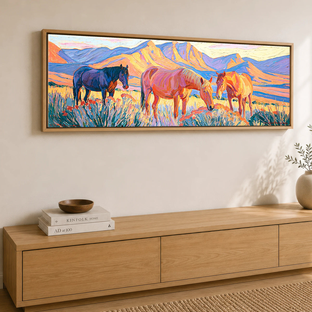 Vibrant Mountain Pasture Horse Landscape panoramic canvas wall art displayed above a sideboard