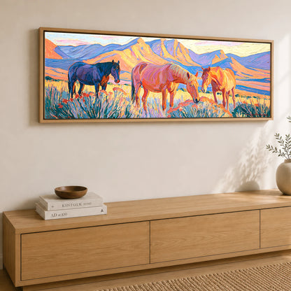 Vibrant Mountain Pasture Horse Landscape panoramic canvas wall art displayed above a sideboard