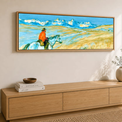High Country Horizon Horse Landscape panoramic canvas wall art displayed above a sideboard