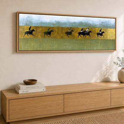 Gilded Pursuit Polo Horse panoramic canvas wall art displayed above a sideboard