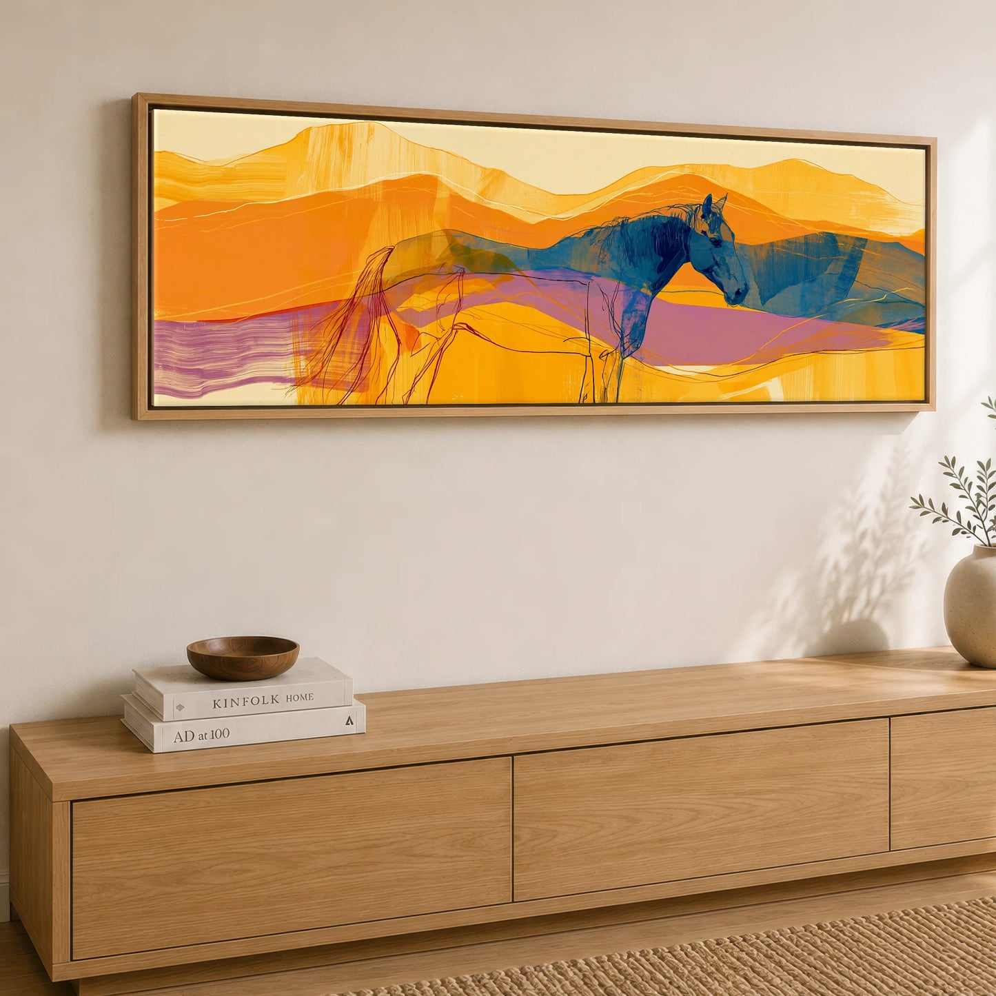 Cobalt and Amber Horizons Horse Landscape panoramic canvas wall art displayed above a sideboard