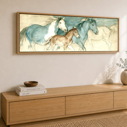 Teal and Parchment Herd Mare & Foal panoramic canvas wall art displayed above a sideboard