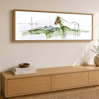 Rhythm of the Land Horse Landscape panoramic canvas wall art displayed above a sideboard