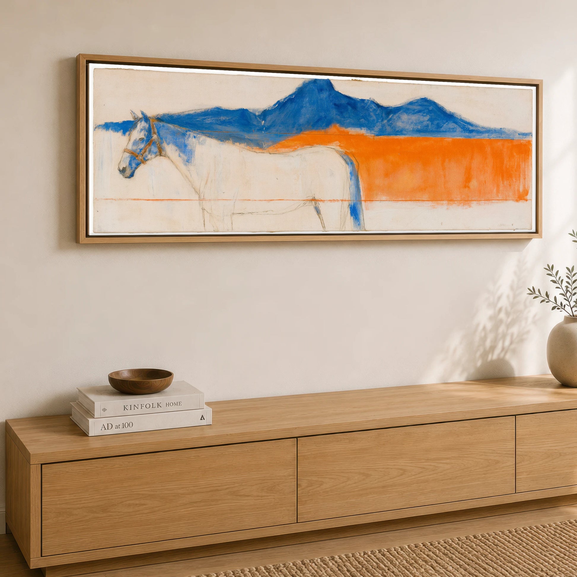 Abstract Ultramarine Horizon Horse Landscape panoramic canvas wall art displayed above a sideboard