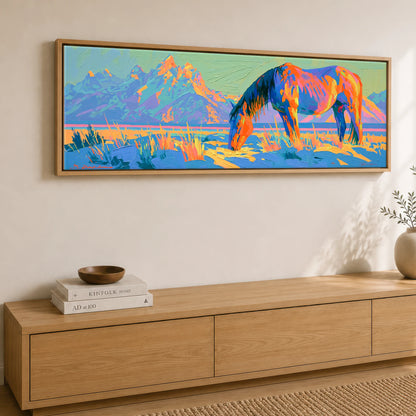 Wild Cobalt Range Horse Landscape panoramic canvas wall art displayed above a sideboard