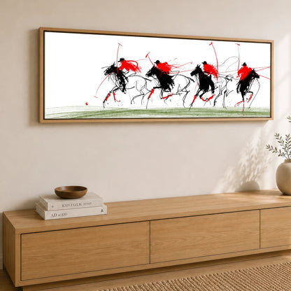 The Scarlet Charge Polo Horse panoramic canvas wall art displayed above a sideboard