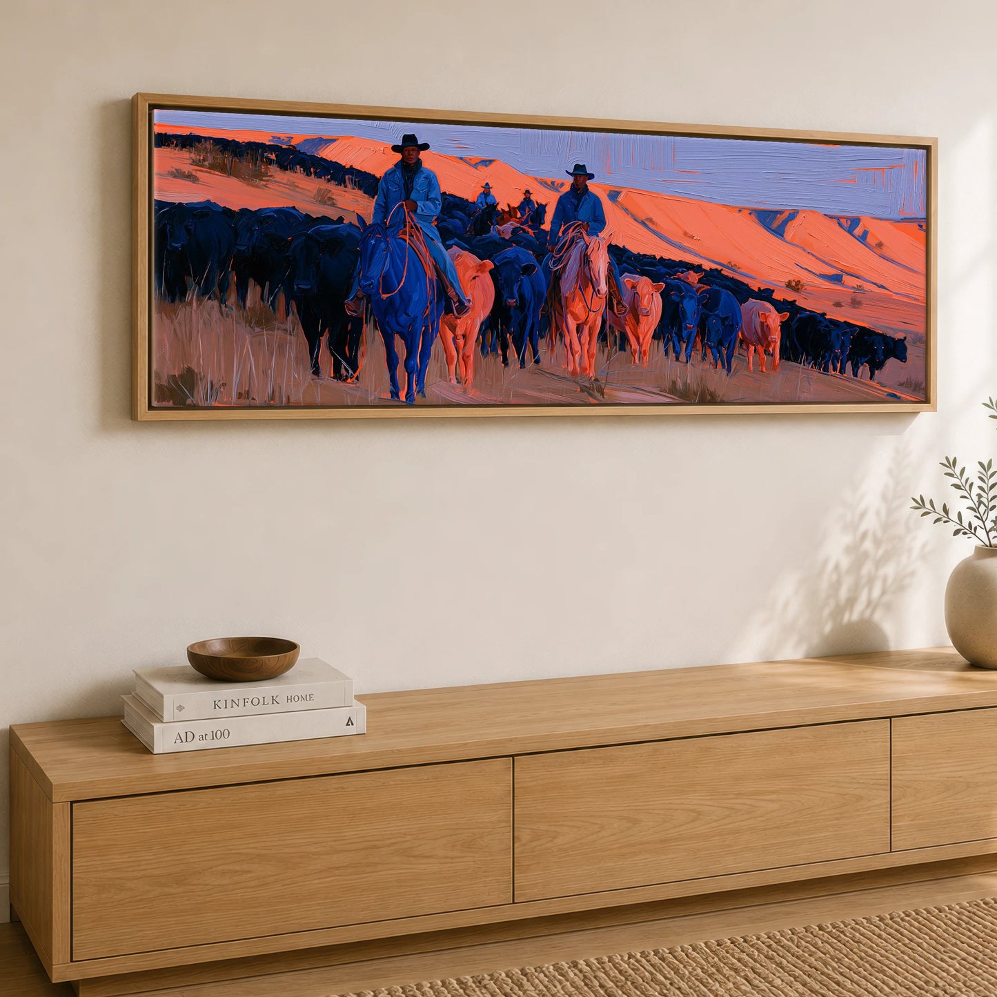 Indigo Western Trail Western Horse panoramic canvas wall art displayed above a sideboard