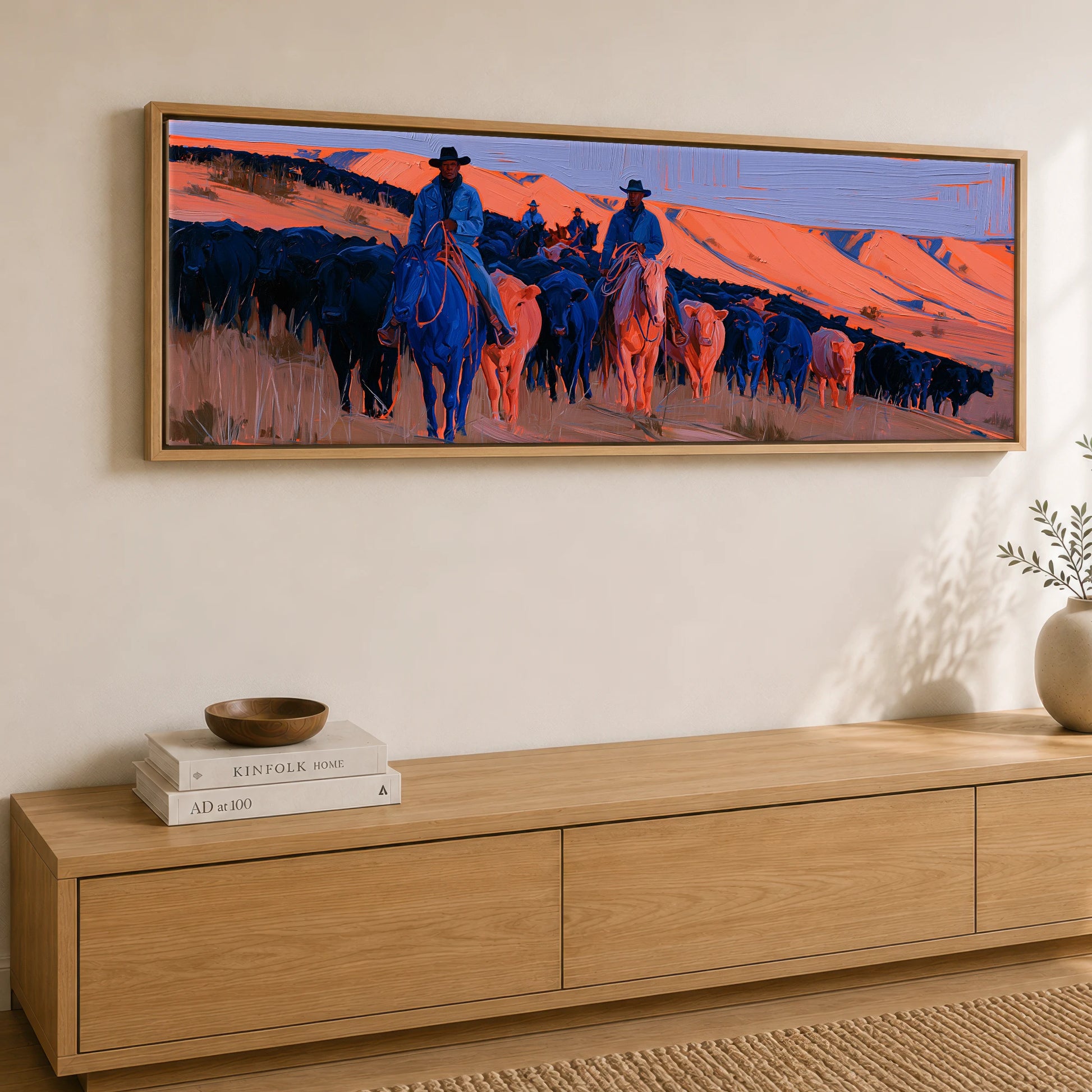 Indigo Western Trail Western Horse panoramic canvas wall art displayed above a sideboard