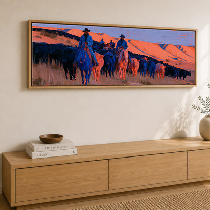 Indigo Western Trail Western Horse panoramic canvas wall art displayed above a sideboard