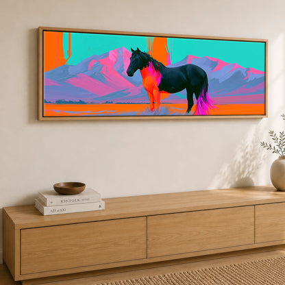 Electric Equine Horizon Horse Landscape panoramic canvas wall art displayed above a sideboard
