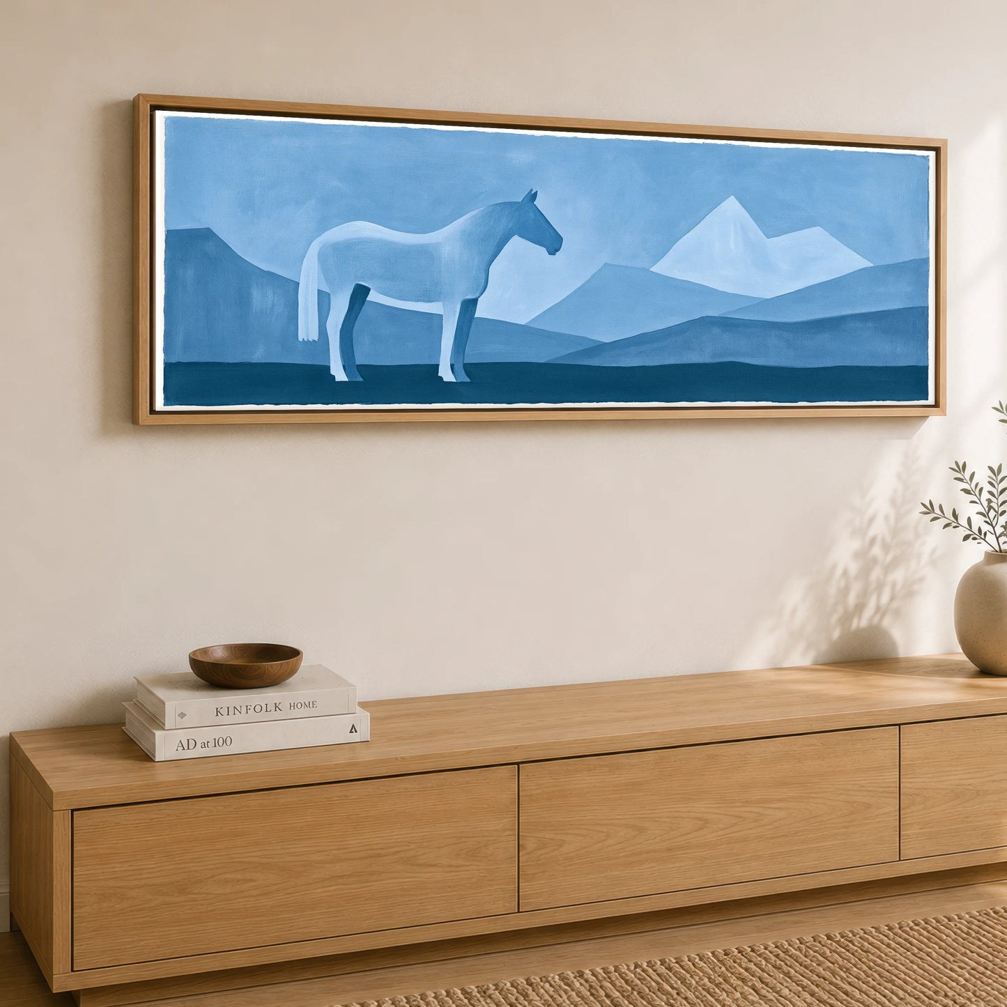 Azure Mountain Stillness Horse Landscape panoramic canvas wall art displayed above a sideboard