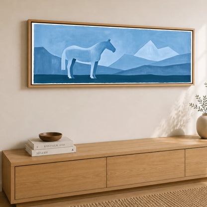 Azure Mountain Stillness Horse Landscape panoramic canvas wall art displayed above a sideboard