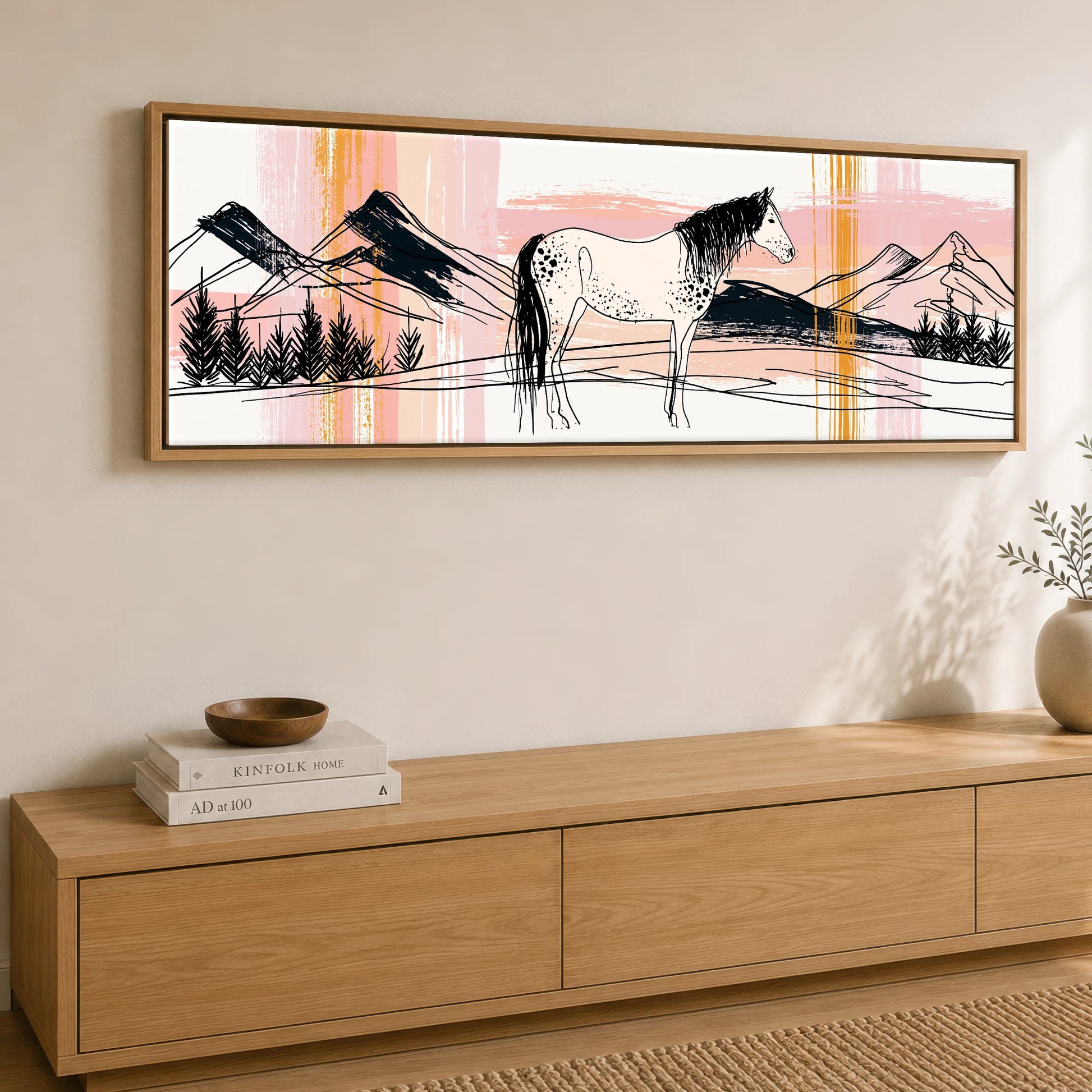 Abstract Appaloosa Landscape Horse Landscape panoramic canvas wall art displayed above a sideboard