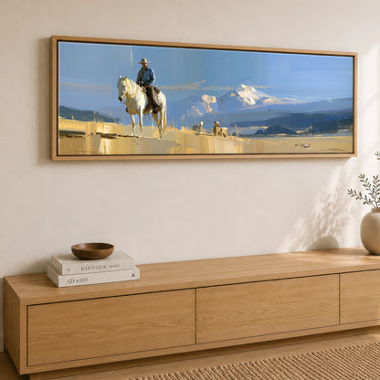 High Country Range Horse Landscape panoramic canvas wall art displayed above a sideboard