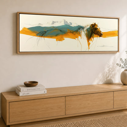 Amber Mountain Horizon Horse Landscape panoramic canvas wall art displayed above a sideboard