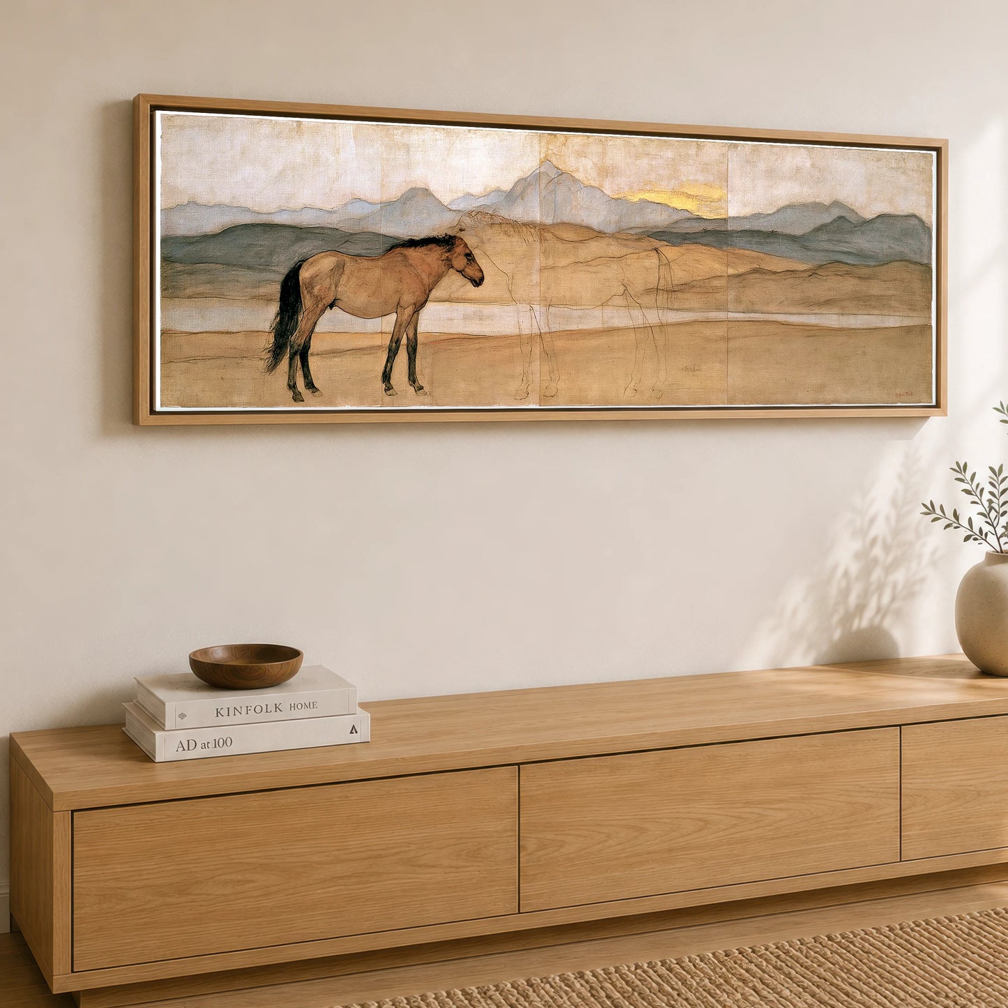 Whispers of the Herd Horse Landscape panoramic canvas wall art displayed above a sideboard