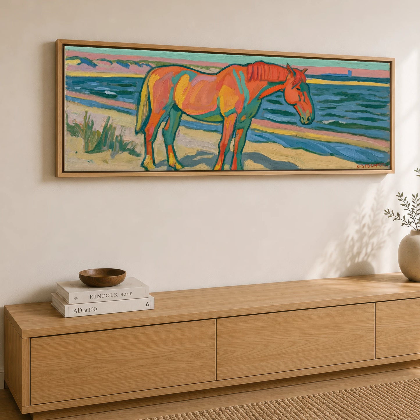 Vibrant Coastal Equine Horse Landscape panoramic canvas wall art displayed above a sideboard