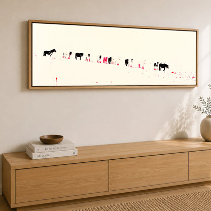 Vivid Procession Horse Landscape panoramic canvas wall art displayed above a sideboard