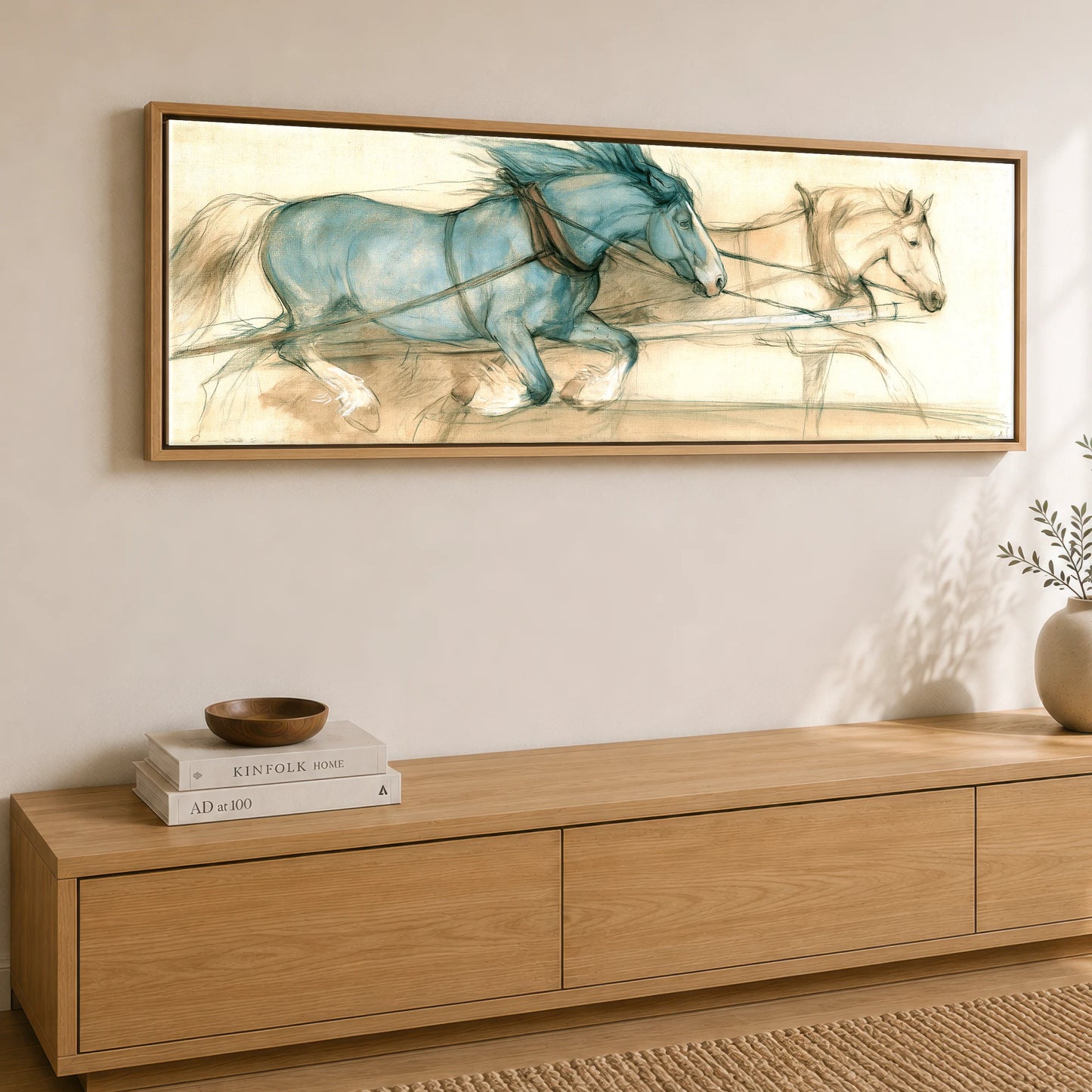 The Blue Draught Team Working Horse panoramic canvas wall art displayed above a sideboard