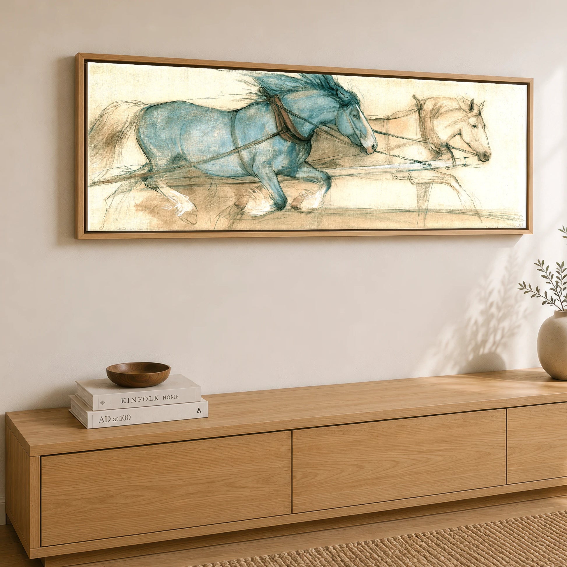 The Blue Draught Team Working Horse panoramic canvas wall art displayed above a sideboard