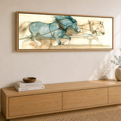 The Blue Draught Team Working Horse panoramic canvas wall art displayed above a sideboard