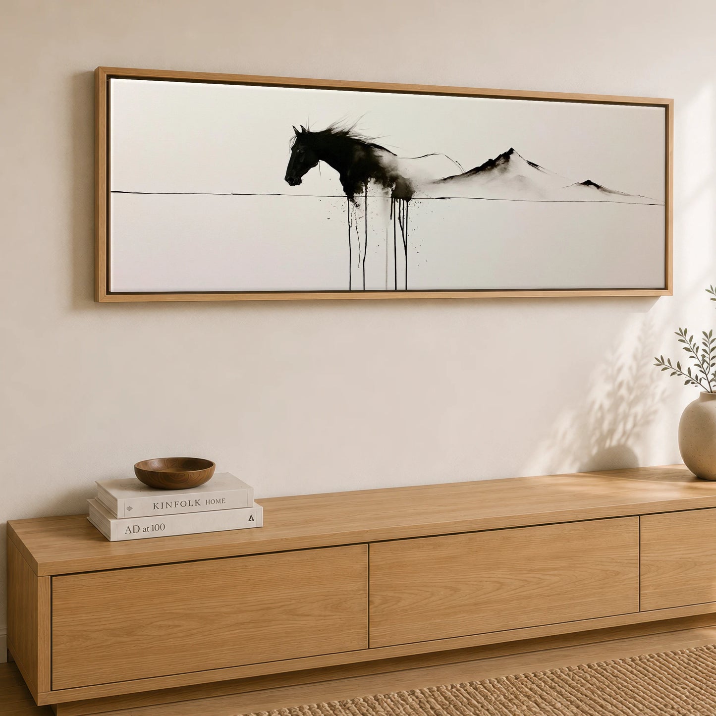 Equine Ink Horizon Horse Landscape panoramic canvas wall art displayed above a sideboard