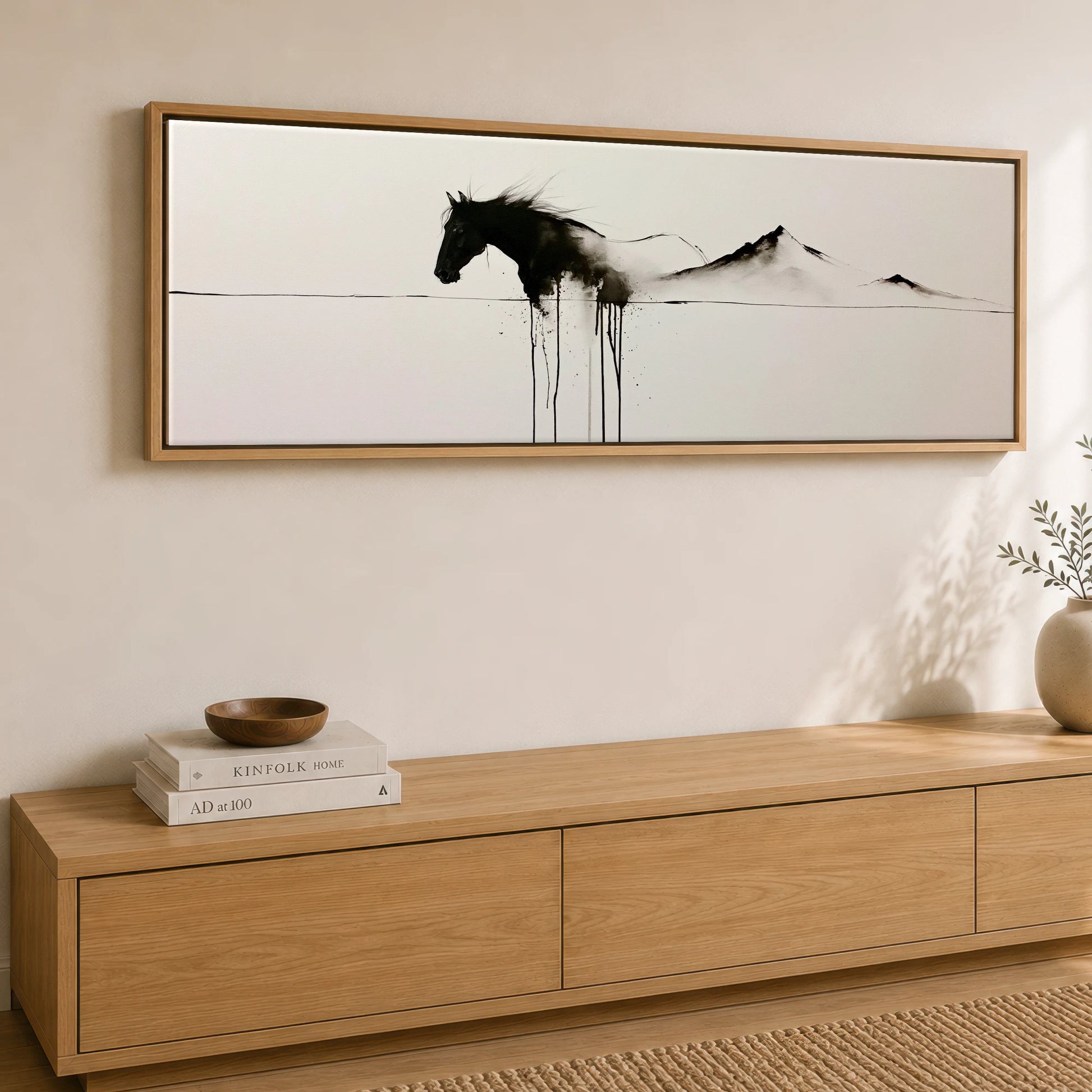 Equine Ink Horizon Horse Landscape panoramic canvas wall art displayed above a sideboard