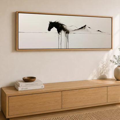 Equine Ink Horizon Horse Landscape panoramic canvas wall art displayed above a sideboard